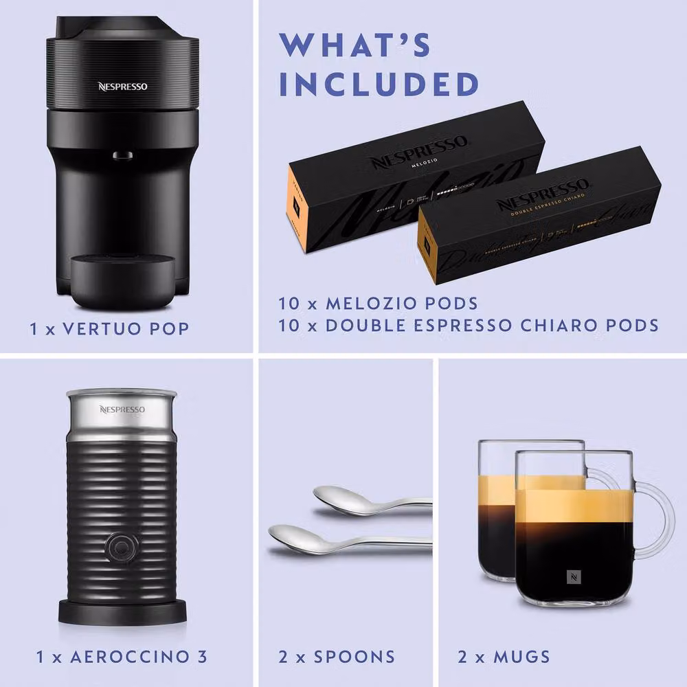 De'Longhi Nespresso Vertuo Pop Coffee Machine Bundle Pack in Black – 6