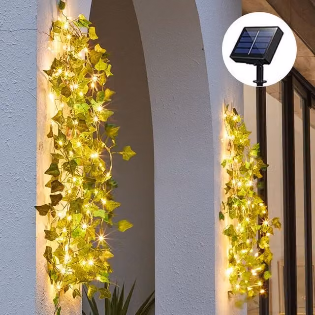 Leaper Solar Maple Leaf Green Vine Decorative Garden Lights with Warm White LED and Dusk Sensor