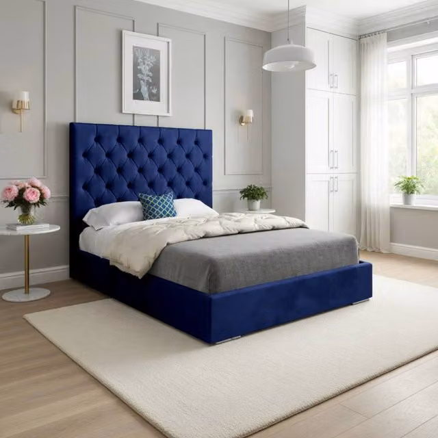 KDMD Finsbury Blue Velvet Upholstered Chesterfield Bed Frame, Super King Size 200 x 200 cm – 1