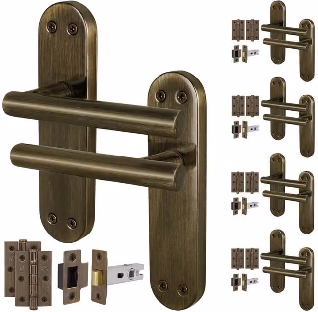 AFIT T-Bar Antique Brass Latch Backplate Handles and Hinges in Bronze, 5 Pairs, Size: 150 x 150 mm – 1