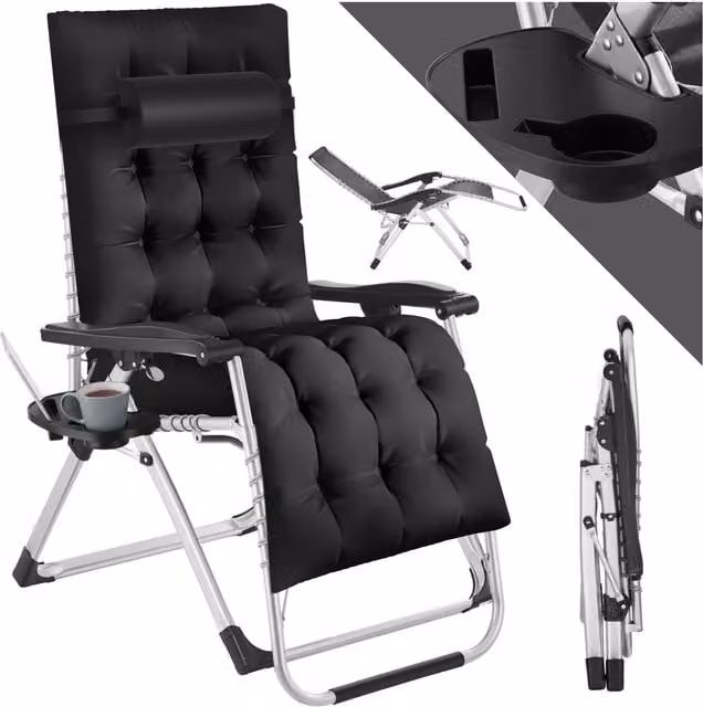 Tectake Cloud Sun Lounger with Adjustable Headrest, Side Tray and Cup Holders, Black