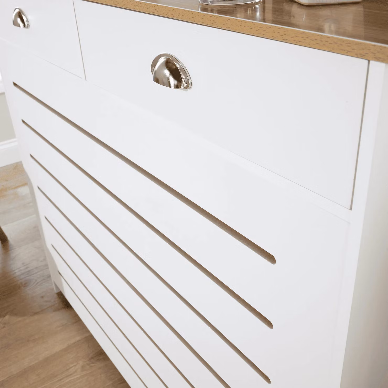 Home Source Batley Modern Radiator Cover Cabinet with Two Drawers in White MDF, W/D/H: 111.5 x 19.0 x 96.0 cm – 2