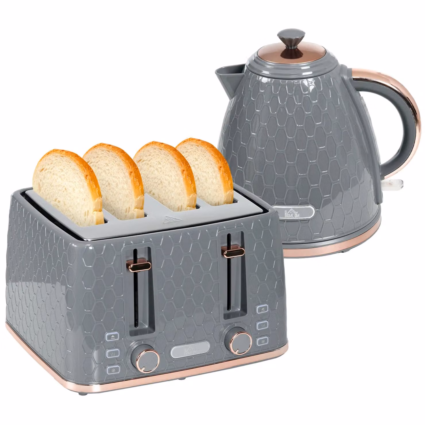 HOMCOM Grey Kettle and Toaster Set with 1.7L Capacity, Defrost, Reheat and Crumb Tray – 2