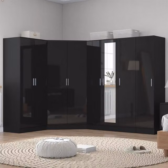 REFLECT Wardrobe Bundle in Black Gloss and Matt Black featuring Corner, 3-Door, 2-Door and 1-Door Units with Soft-Close Hinged Doors and Mirror