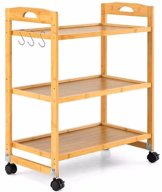 KORVIXA 3-Tier Bamboo Rolling Utility Cart with Adjustable Shelves in Natural Brown, H 90 cm x W 72 cm x D 40 cm