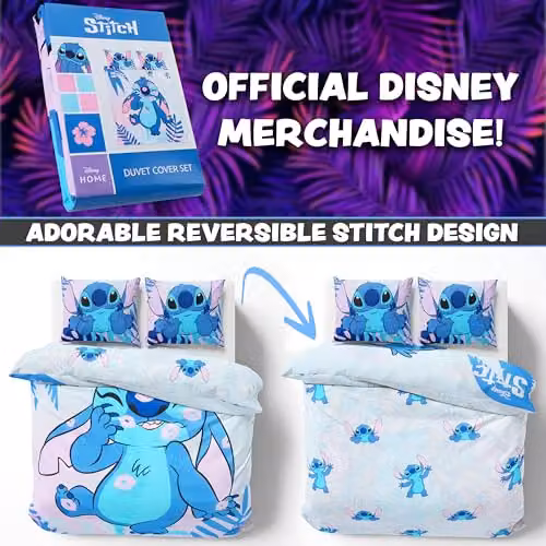 Disney Stitch Blue and Multicolour Duvet Cover and Pillowcase Set for Kids and Teens, W/D/H: 140 x 200 cm and 50 x 75 cm – 4