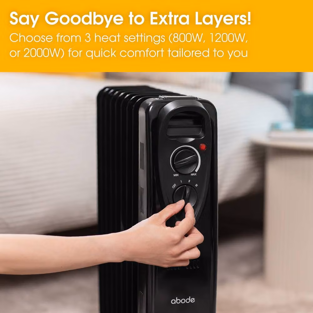 Abode 2000W 9 Fin Oil Filled Radiator Portable Electric Heater in Black – 2