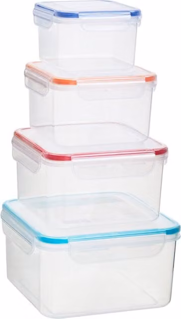 Orsina 4 Piece Square Airtight Food Storage Containers, Leakproof and Stackable Plastic Containers in Transparent and Multicolour