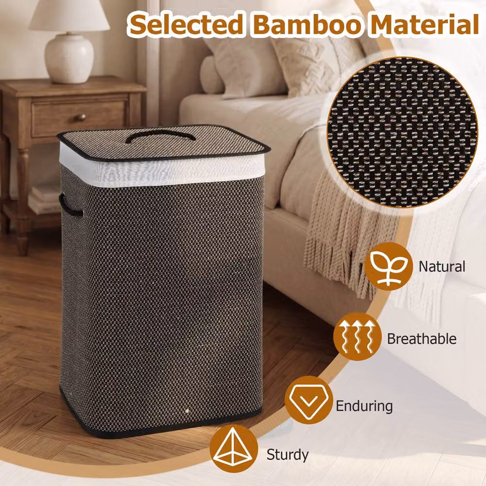 Gymax Bamboo Laundry Hamper with Lid and Removable Bag, Black, 72 L Capacity – 5
