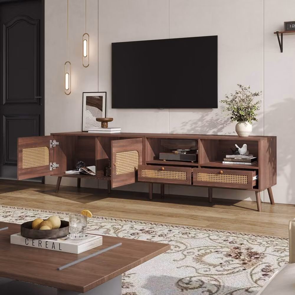 ModernLuxe Modern TV Cabinet with Rattan Design, 2 Drawers and 2 Doors in Brown, W/D/H: 200 x 49.5 x 49.5 cm – 2