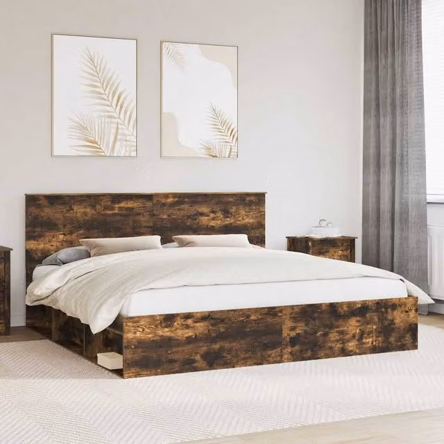 Berkfield Home Modern Bed Frame in Smoked Oak and Brown Solid Pine Wood, 200 x 200 cm – 1