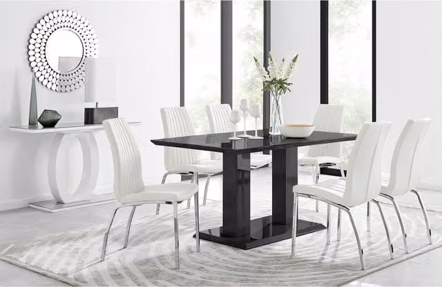 FurnitureboxUK Imperia 6 Black Rectangular Dining Table and 6 White Isco Faux Leather Chairs