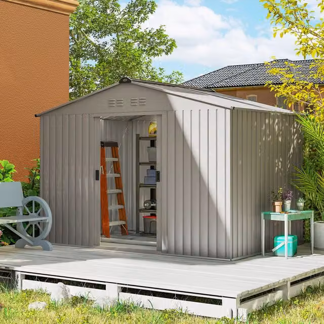 OUTSUNNY Galvanised Steel Garden Storage Shed with Sliding Door, Mid Grey – 1