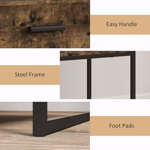 HOMCOM Modern Bedside Table with Drawer and Open Shelf, Brown and Black Metal Frame – 6