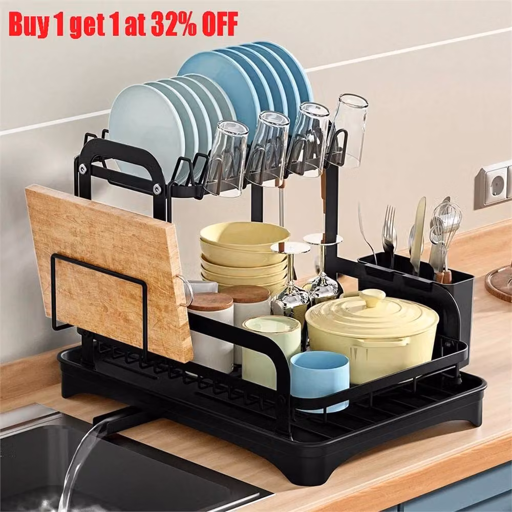 EONLION Black Coated Steel Dish Drainer Rack with Cutlery and Cup Holders, Width: 100 cm – 5