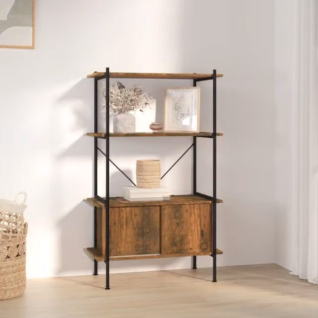 Berkfield Home 4-Tier Shelving Unit with Cabinet in Brown, Steel and MDF, W/D/H: 80 x 40 x 130 cm