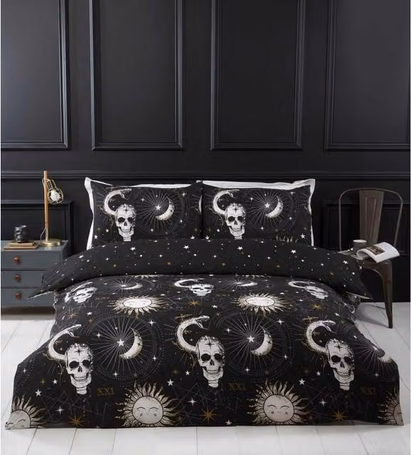 Rapport Graphic Tarot Skulls Duvet Cover Set, Black, 140 x 200 cm