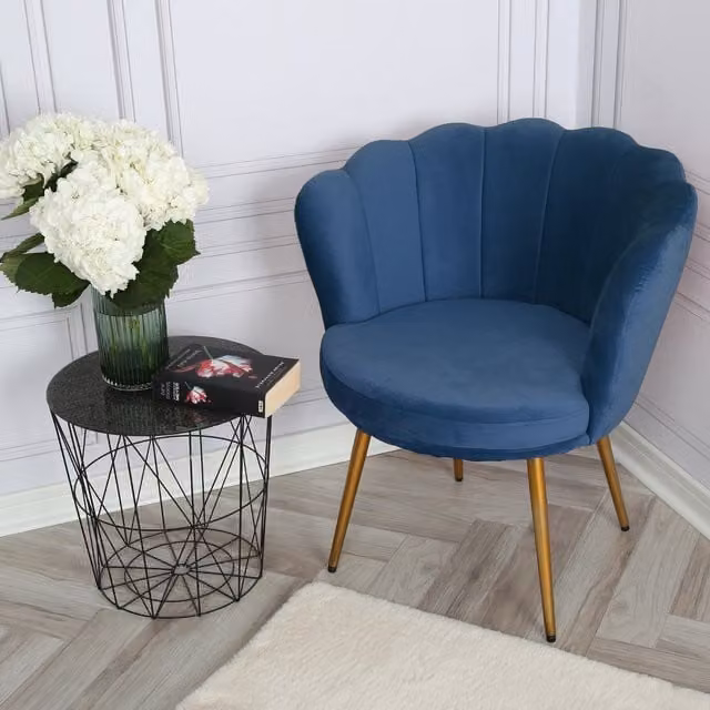 Home Garden Direct Art Deco Shell Accent Chair in Petrol Blue Velvet with Armrests