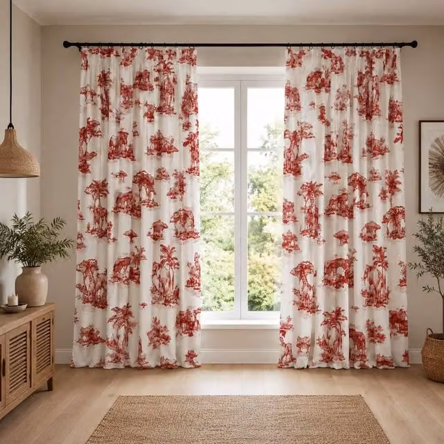 Smart Living Safari Toile Curtains Pair with Tie Backs in Red African Wildlife Print, W: 167 cm, H: 183 cm