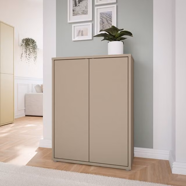Furniture To Go Alice Springs Shoe Cabinet with 2 Push-Open Doors in Butter Yellow and Taupe