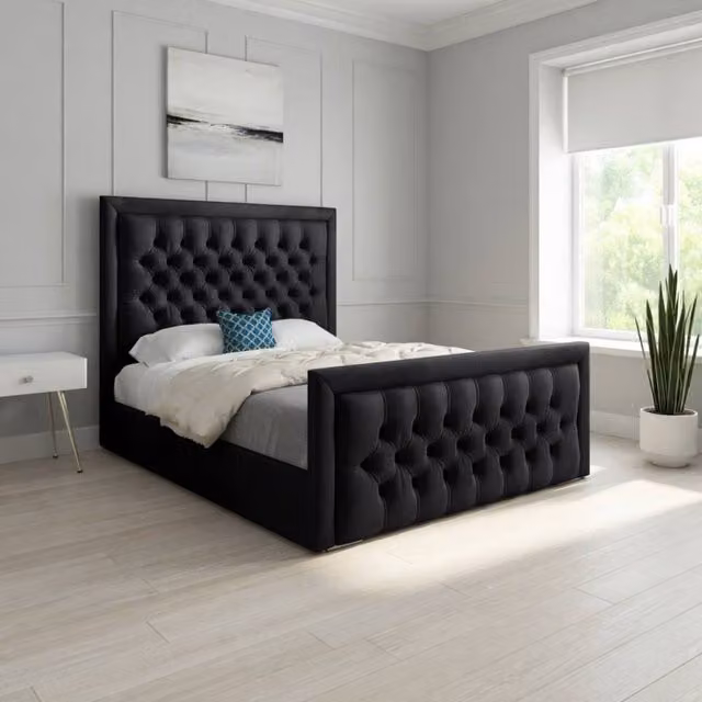 KDMD Sway Modern Upholstered Designer Bed Frame in Black Soft Velvet, W/D/H: 180 x 137 x 159 cm