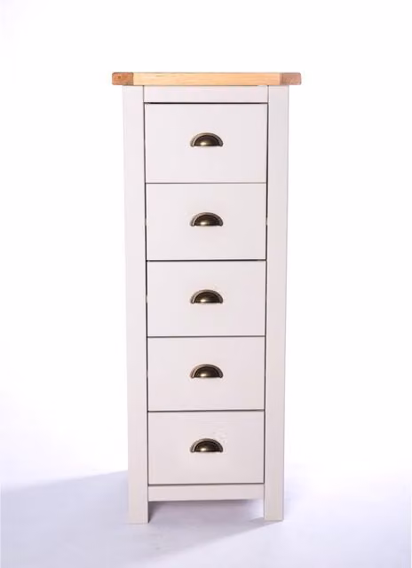 Cabinet Bits Argenta 5 Drawer Narrow Chest of Drawers in Light Grey Pine with Brass Cup Handles