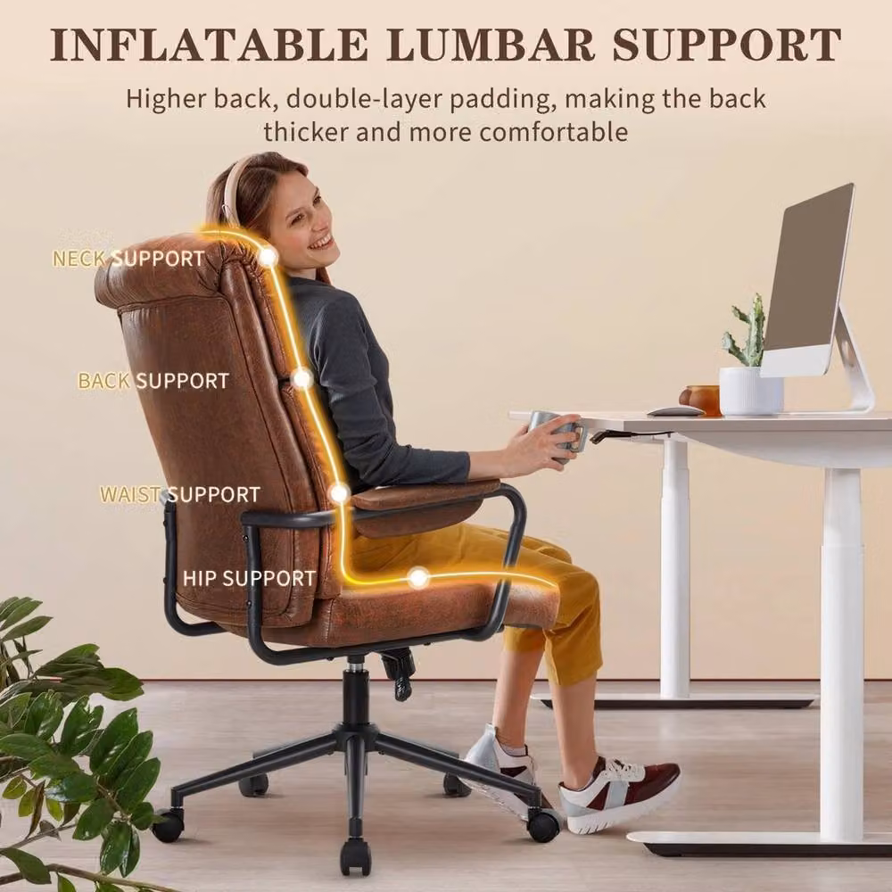 KORVIXA Mid Century Ergonomic Office Chair in Brown Synthetic Leather with Headrest and Armrests – 3