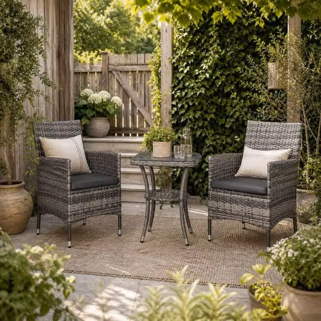 Wyld Haus Sami 3 Piece Rattan Bistro Set in Mixed Grey with 2 Chairs and 2 Tier Table – 1