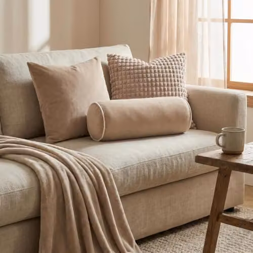 OHS Matte Velvet Bolster Cushion, Beige – 1
