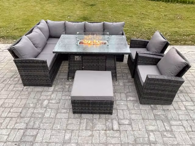 Fimous 9 Seater Outdoor Rattan Garden Furniture Set in Dark Grey with Corner Sofa, Gas Fire Pit Dining Table, 2 Armchairs and Large Footstool