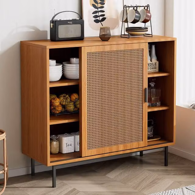 Merax Rattan Sliding Door Sideboard Kitchen Cabinet with Adjustable Shelves in Walnut