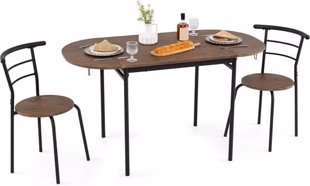 Gymax 3 Piece Industrial Drop Leaf Dining Table Set with 2 Chairs in Brown and Black
