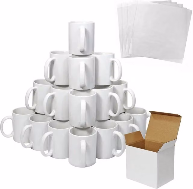 Monstershop Set of 36 White Ceramic 11oz Mugs with Boxes and 5 Sublimation Sheets