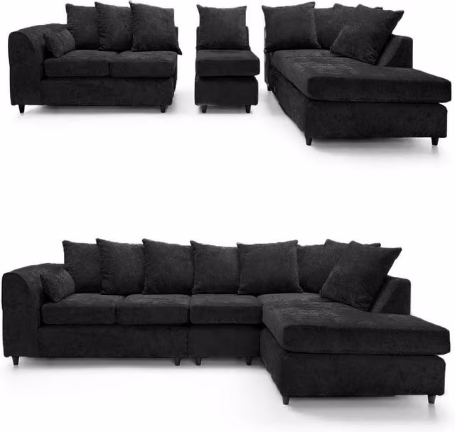 Furnishings For Less UK Monaco Black Chenille Fabric Large 5 Seater L Shaped Right Hand Facing Corner Sofa