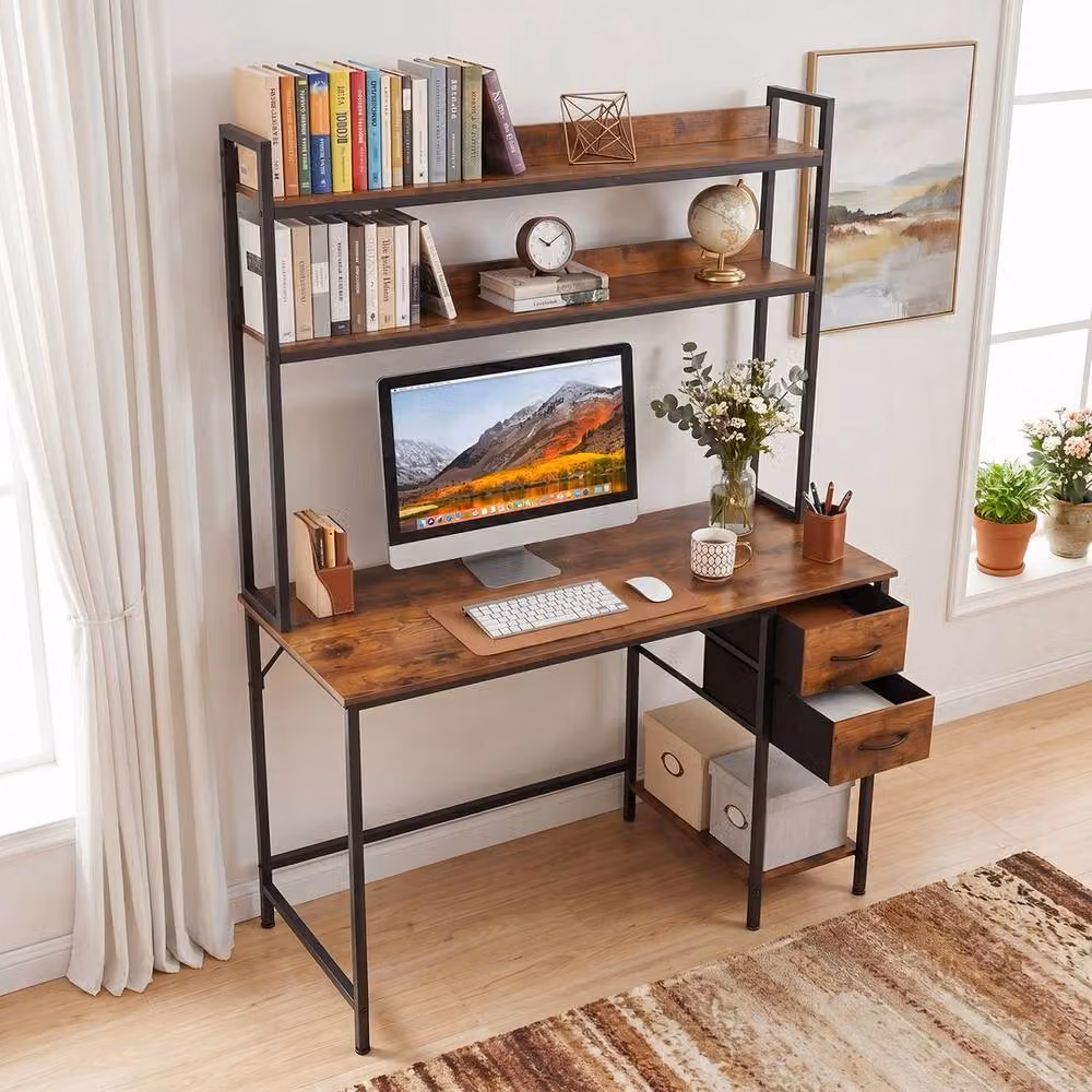 Kelvenix Brown Industrial Computer Desk with Hutch and Metal Frame – 3
