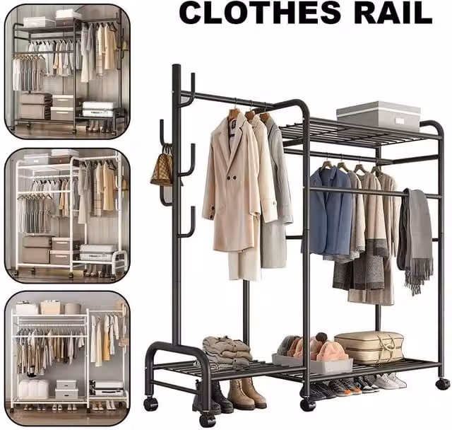 KORVIXA Heavy Duty Double Clothes Rail Rack in Matt Black Metal