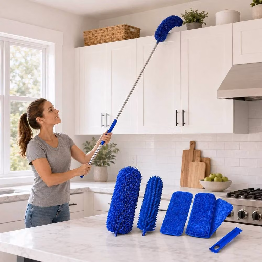 PAWNORA 6 Pack Blue Microfibre Extendable Duster Cleaning Kit with Telescopic Handle – 2