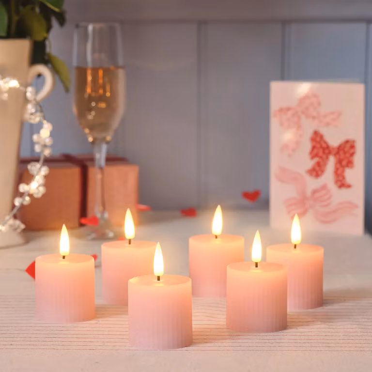 Lights4fun Set of 6 TruGlow Blush Pink Ribbed LED Votive Candles with Remote Control and Timer