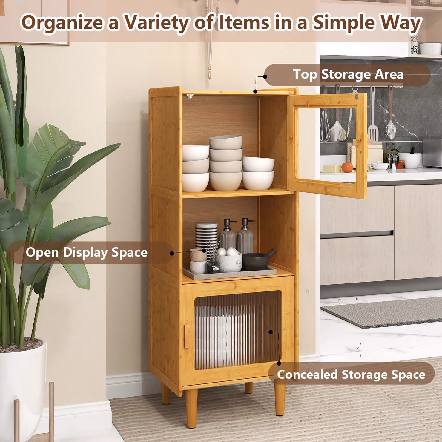Gymax Bamboo 3-Cube Freestanding Kitchen Sideboard and Bookcase with Doors in Light Khaki Beige – 2