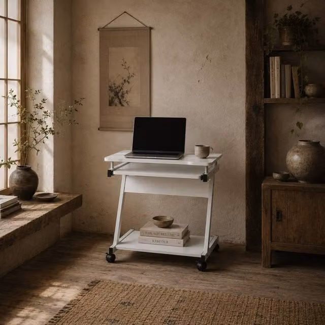 Wyld Haus Suel White Z Frame Mobile Computer Desk with Sliding Keyboard Tray, W: 60 cm, H: 73 cm, D: 48 cm