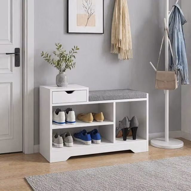 STILVORA Shoe Bench with Seat and Drawer in White – 1