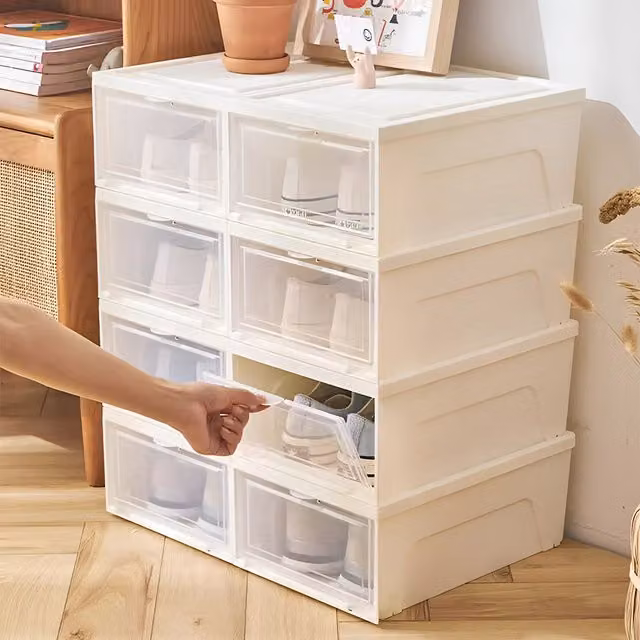 Livingandhome 3 Pack Stackable White and Transparent Plastic Shoe Storage Boxes