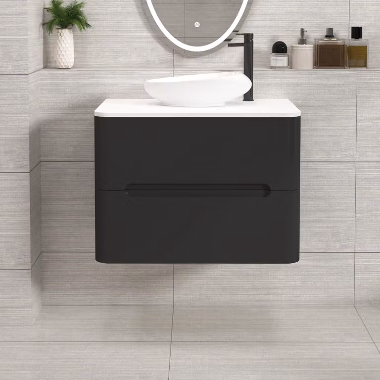Royal Bathrooms Venice 700mm Wall Hung Vanity Unit in Matt Nocturne Black with 2 Drawers and Plain White Nova Basin