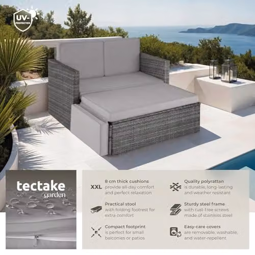 tectake Rattan Garden Furniture Set in Grey with 2 Seater Sofa and Ottoman featuring Powder Coated Steel Frame and UV-Resistant Cushions – 2