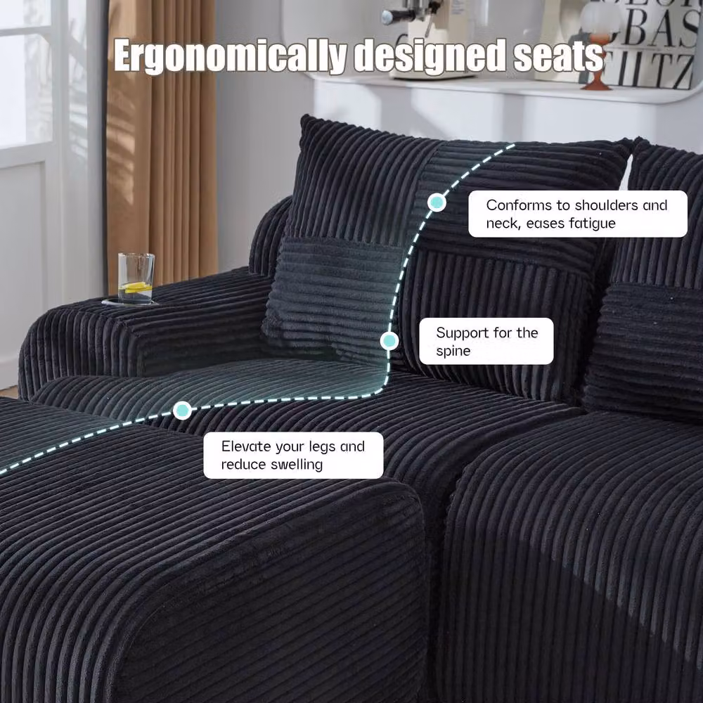 BTM 4 Seater Modular Cord Fabric L-Shape Reclining Sofa with 2 Ottomans and Cup Holders in Black – 2
