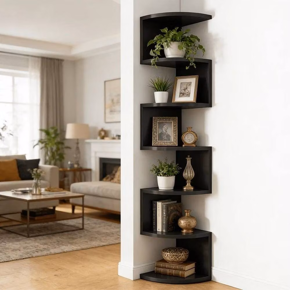 EONLION 7 Tier Floating Corner Shelves, Black Wooden Wall Mounted Storage Display Shelf, W: 50 cm – 2
