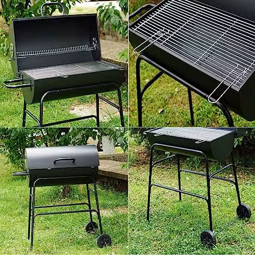 Gr8 Garden Large Black Steel Oil Drum Charcoal BBQ Grill with Warming Rack and Wheels – 7