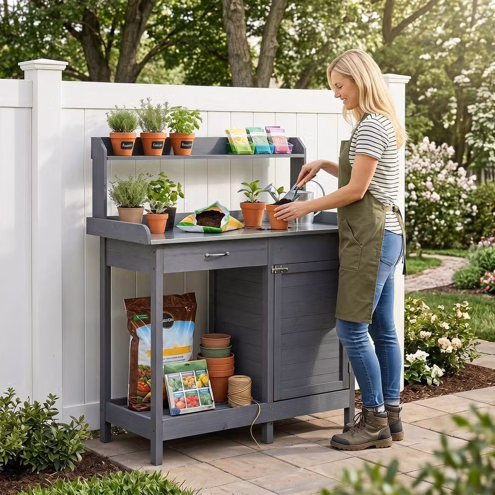 Costway Grey Wooden Garden Potting Bench Table with Lockable Cabinet and Stainless Steel Accents – 3
