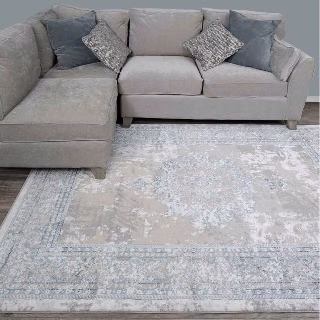 The Rug House Distressed Traditional Medallion Bordered Area Rug in Grey and Blue, W: 230 cm, D: 160 cm