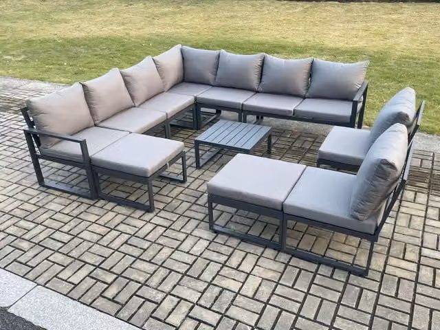 Fimous 11 Seater Dark Grey Aluminium Outdoor Garden Furniture Set with L-Shape Corner Sofa, Square Coffee Table and 2 Ottomans